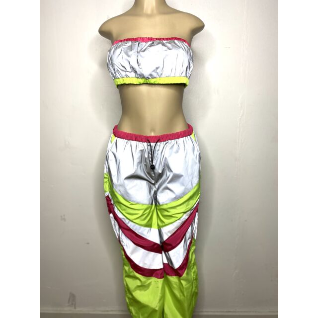 Reflective Silver w/ Neon Green & Pink bandeau and pants 